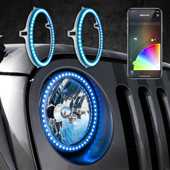 XKGLOW XK-7RING-KIT 2pc 7" RGB LED External Jeep Halo Ring XKchrome Bluetooth App Controlled Kit w/ Turn Signal and DRL Function